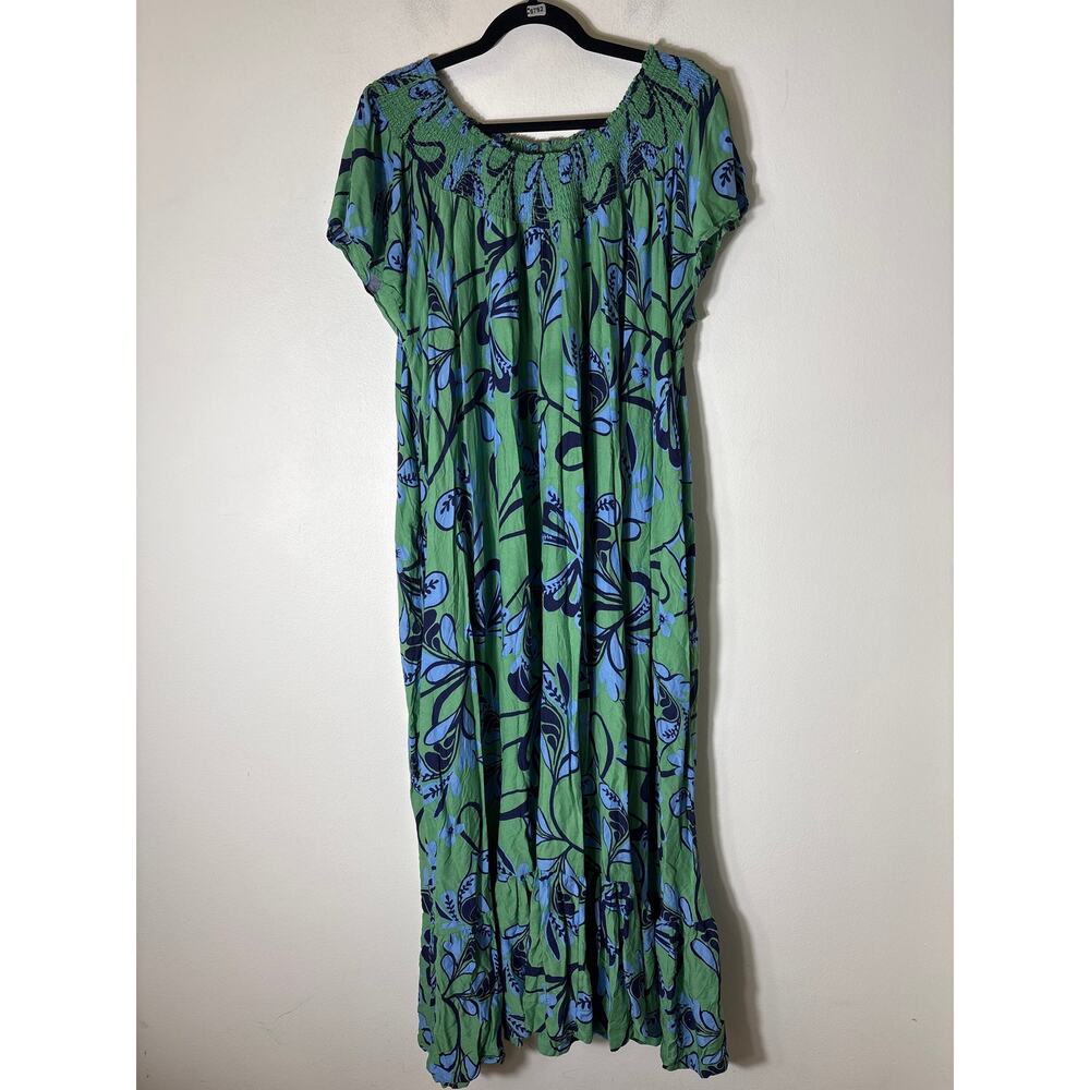 by Anthropologie Blue Green Cap Sleeve Smocked Neck Maxi Dress Sz 3x